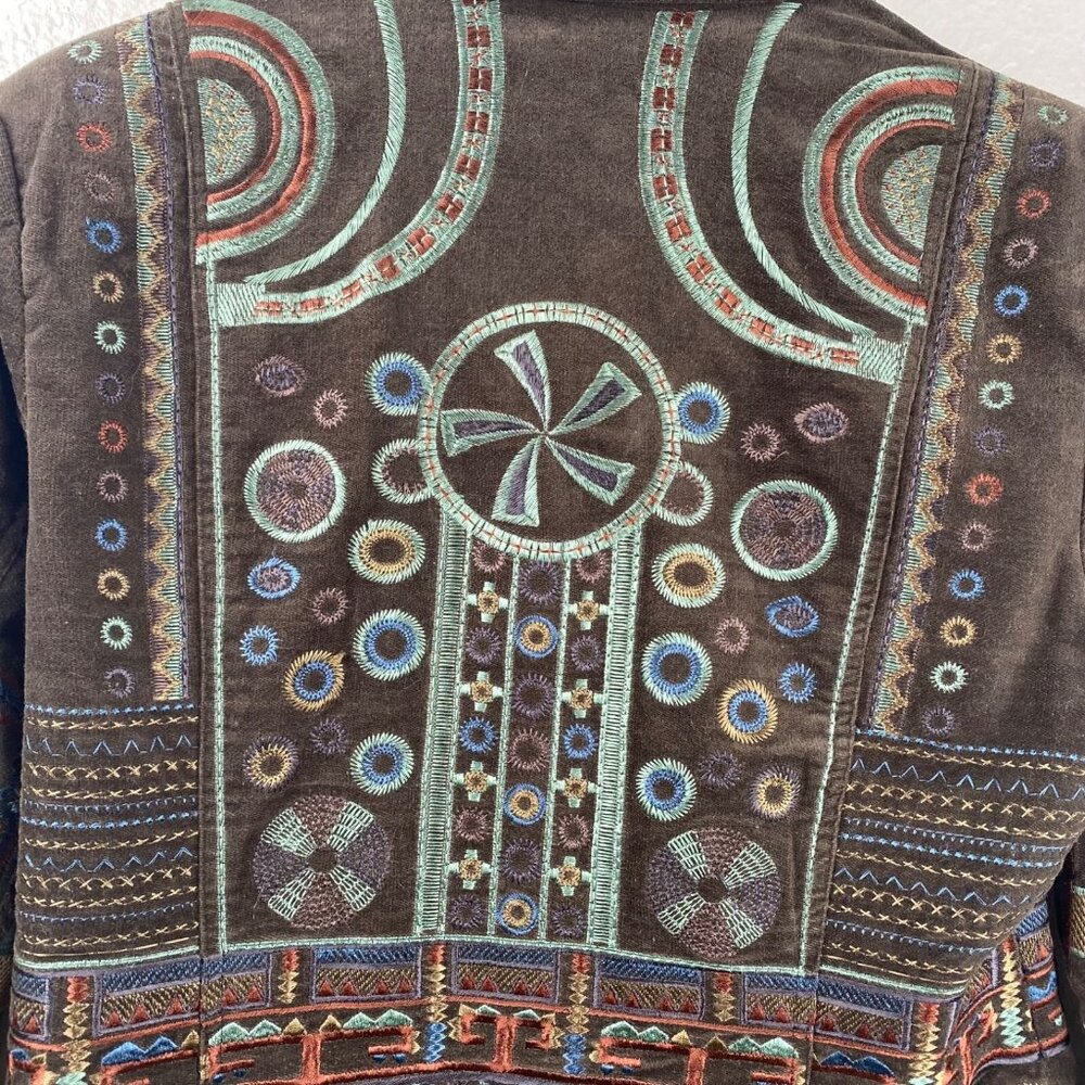 Pamela McCoy Coat Women's Brown Sz M Embroidered Studded Boho Ecletic Mid Length - Picture 11 of 16